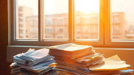 Stack of documents on the windowsill. Stack of papers on the windowsill.の素材
