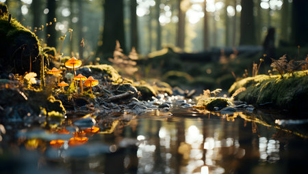 Mushrooms in the forest. Beautiful autumn landscape with a small river.の素材