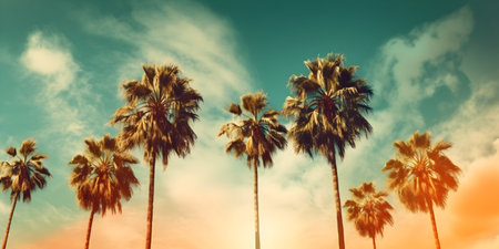 Silhouette of palm trees on sky background. Vintage tonedの素材