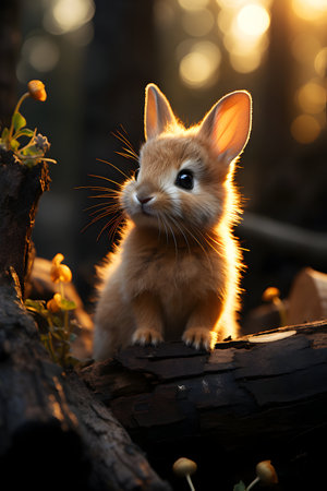 Cute rabbit in the forest at sunset. Easter bunny in the nature.の素材