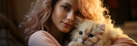 beautiful young woman with long curly hair holding fluffy cat, closeupの素材