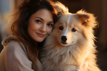 Beautiful young woman with her dog at home, closeup portraitの素材