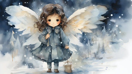 Cute little angel with wings in winter forest. Watercolor illustration.の素材