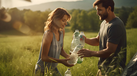 Young couple with plastic bottles of water are looking at each other and smiling while standing in nature.の素材