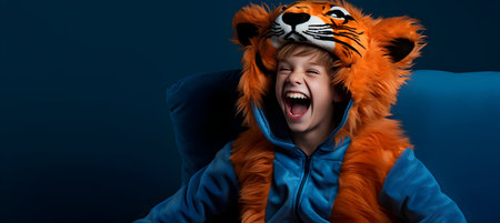 A portrait of a boy in a tiger costume on a blue background.の素材