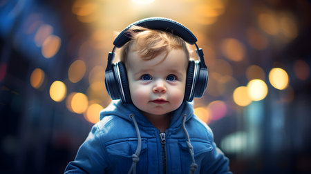 Cute baby boy listening to music with headphones on the street.の素材