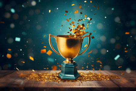 Golden trophy with confetti on wooden table. Success and victory conceptの素材