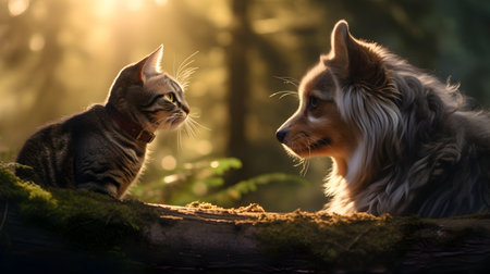 Shetland Sheepdog and cat looking at each other in the forestの素材