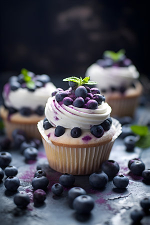 Blueberry cupcakes with whipped cream and fresh berries on dark backgroundの素材