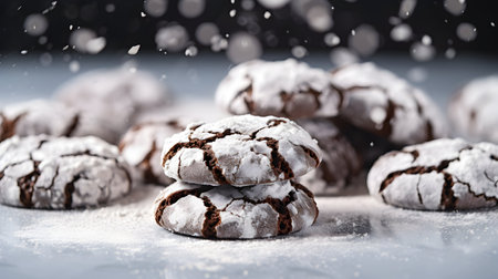 Chocolate cookies sprinkled with powdered sugar on a dark background. Selective focus.の素材