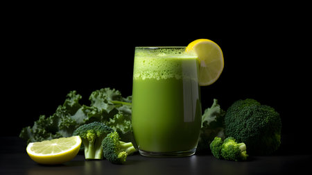 Healthy green smoothie in glass with broccoli and lemon on black backgroundの素材