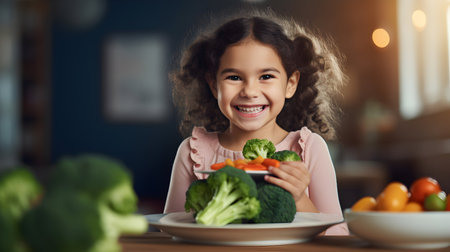 Cute little girl is holding a plate with fresh vegetables and smiling.の素材