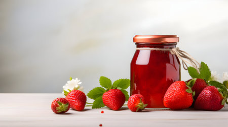 Strawberry jam in a jar and fresh strawberries on wooden tableの素材