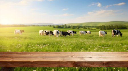 Wooden table in front of blurred cows on green meadow backgroundの素材