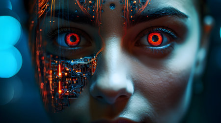 Artificial intelligence. Close up portrait of futuristic female robot with glowing eye.の素材