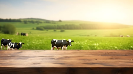 Wooden table with cows on background of green meadow at sunsetの素材
