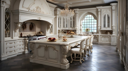 interior of classic kitchen with dining table and chairs. 3d renderの素材