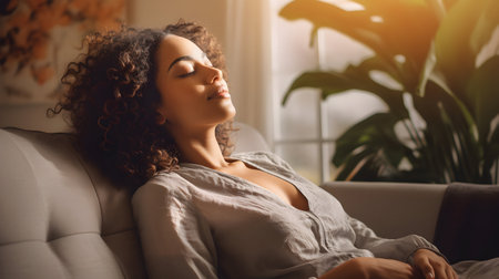 Beautiful young mixed race woman sleeping on a sofa at home.の素材