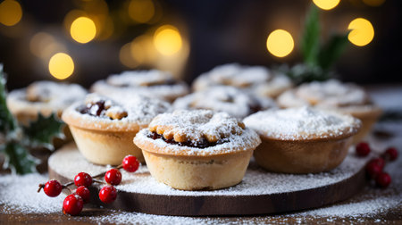 Mince pies with berries and powdered sugar on a wooden table, selective focus.の素材