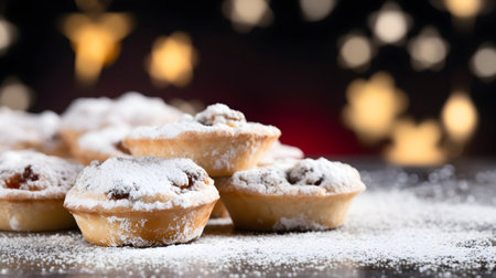Mince pies with raisins sprinkled with powdered sugar on a dark backgroundの素材