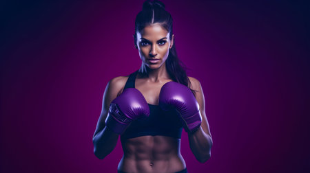 Portrait of a beautiful sportswoman wearing boxing gloves on purple backgroundの素材
