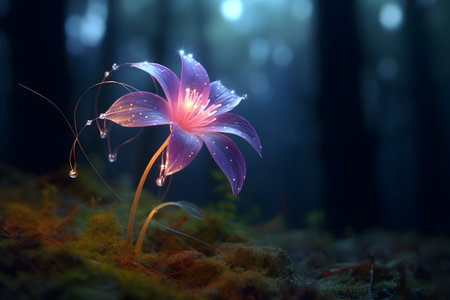 Beautiful purple flower in the dark forest. Fantasy floral background.の素材