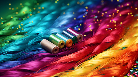 Multicolored feathers with threads for embroidery on a colored backgroundの素材