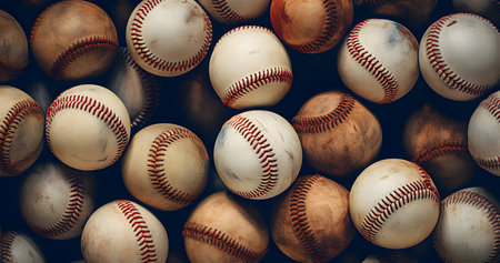 Baseball background. Close-up of baseball balls in a pile.の素材