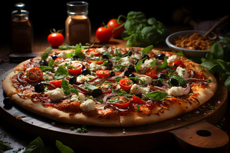Pizza with mozzarella cheese, olives, tomatoes and basilの素材