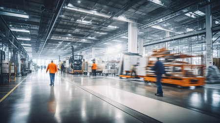 Warehouse workers at work in a large warehouse. Industrial background.の素材
