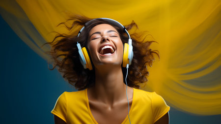Beautiful young woman with headphones listening to music and dancing on color backgroundの素材