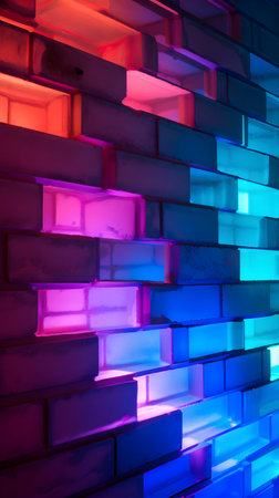 Colorful neon lights on a brick wall. Abstract background for design.の素材
