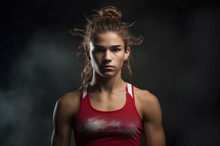 Portrait of sporty young woman in red tank top on dark backgroundの素材