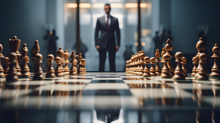 Businessman standing in front of chessboard and looking at camera.の素材
