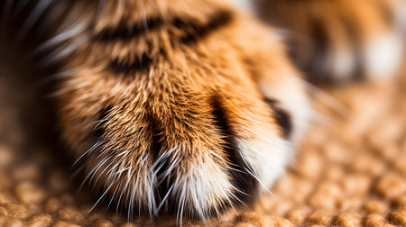 Closeup of a cat's paw on a knitted blanket.の素材