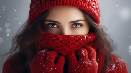 Winter portrait of young beautiful woman in red knitted hat and scarfの素材