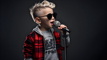 Little boy in sunglasses singing into a microphone on a dark background.の素材