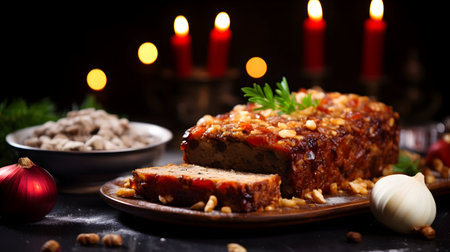 Traditional meatloaf with vegetables and nuts. Selective focus.の素材