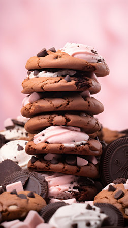 Close up of a pile of assorted cookies on a pink background.の素材