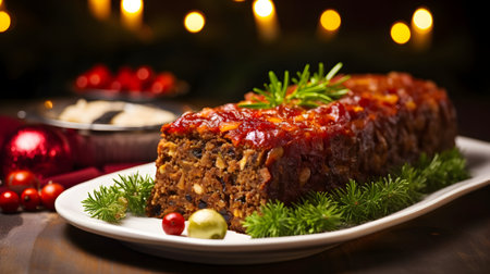 Traditional Christmas meatloaf with cranberries and nuts on a plateの素材