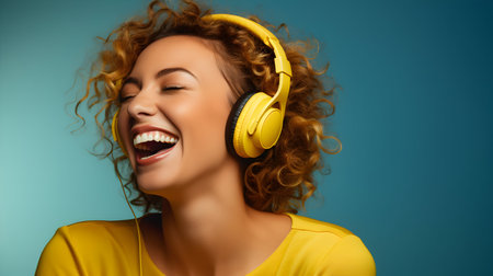 Portrait of a beautiful young woman with headphones listening to music.の素材