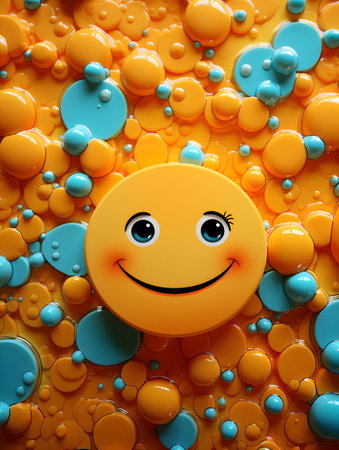 3d illustration of happy yellow smiley face surrounded by colorful bubblesの素材