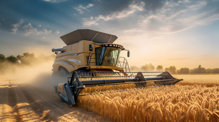 Combine harvester working on a wheat field at sunset.の素材