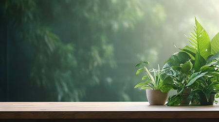 Green houseplants on wooden table in living room, stock photoの素材