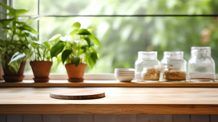 Wooden shelf with different houseplants on blurred background, space for textの素材