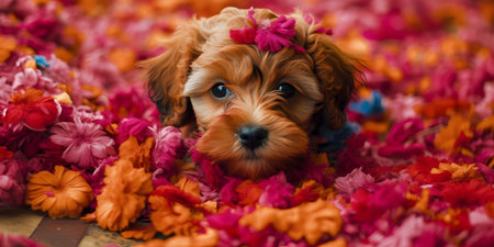 Cute puppy with flower garland on colorful background, selective focusの素材