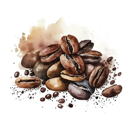 Coffee beans. Watercolor hand drawn illustration on white backgroundの素材
