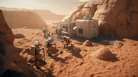 3D CG rendering of space ship in the red sand desert.の素材