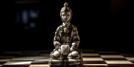 3d rendering of a robot sitting on a chessboard in the darkの素材