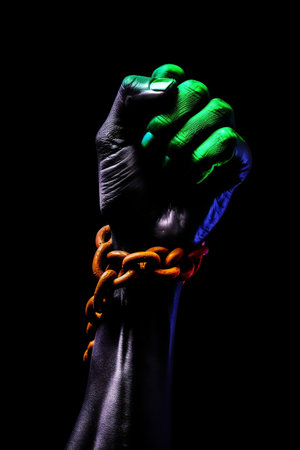 Hand with chained hands on black background. Conceptual image of human rights.の素材